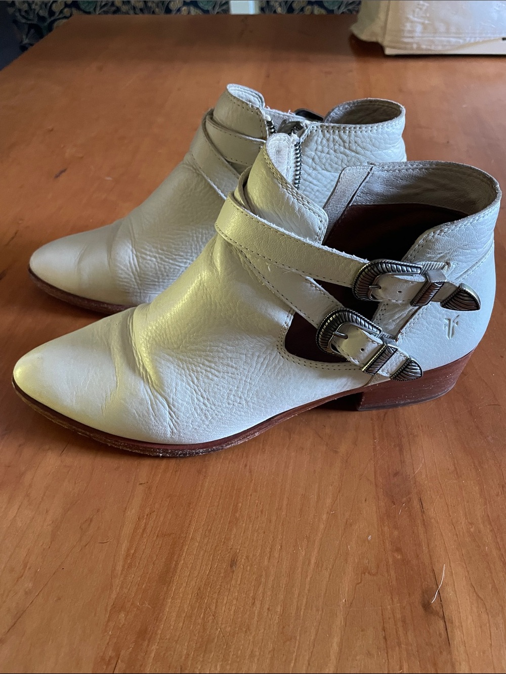 Frye Women's Cream Leather Ankle Boots with Buckle Straps